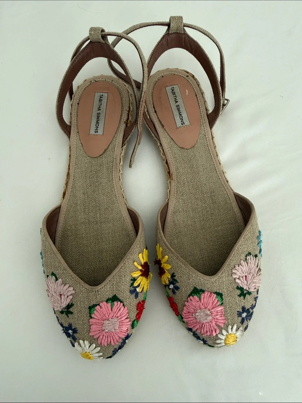 Tabitha Simmons Beige Embroidered Floral Slingback Flats